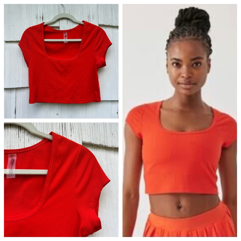 Outdoor Voices Ribbed SuperForm Crop Top Ladybug Red Scoop Neck Cap Sleeve Large